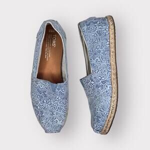 Toms Womens Espadrille Loafers sz 6.5W Floral Lace Summer Flat Shoes Blue Flats